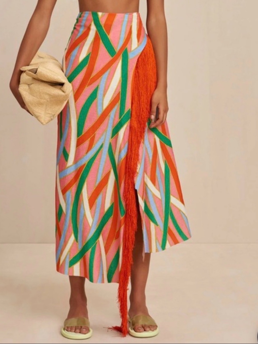 cult gaia Multicolor Fringe Midi Skirt with Orange Trim